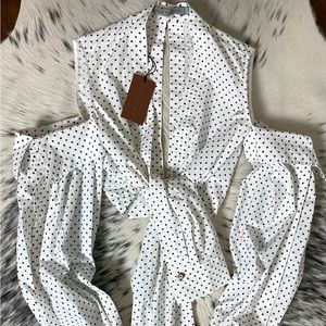 SILVIA TCHERASSI “MATINATA” COLD-SHOULDER TIE FRONT BLOUSE, SZ S POLKA DOT